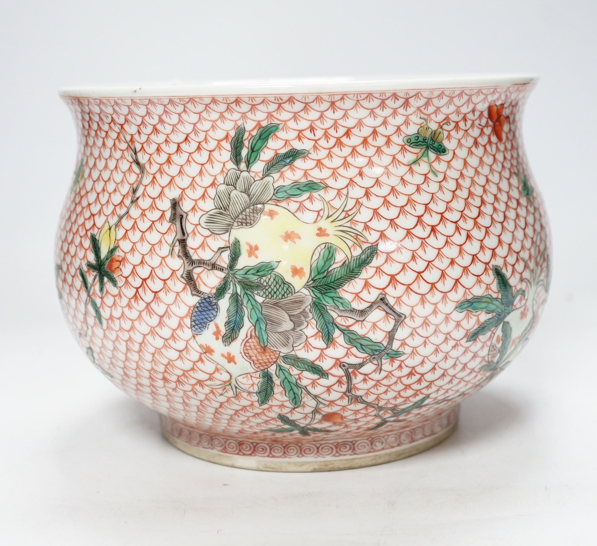 A Chinese famille verte jardiniere, Kangxi mark but later, 20cm diameter